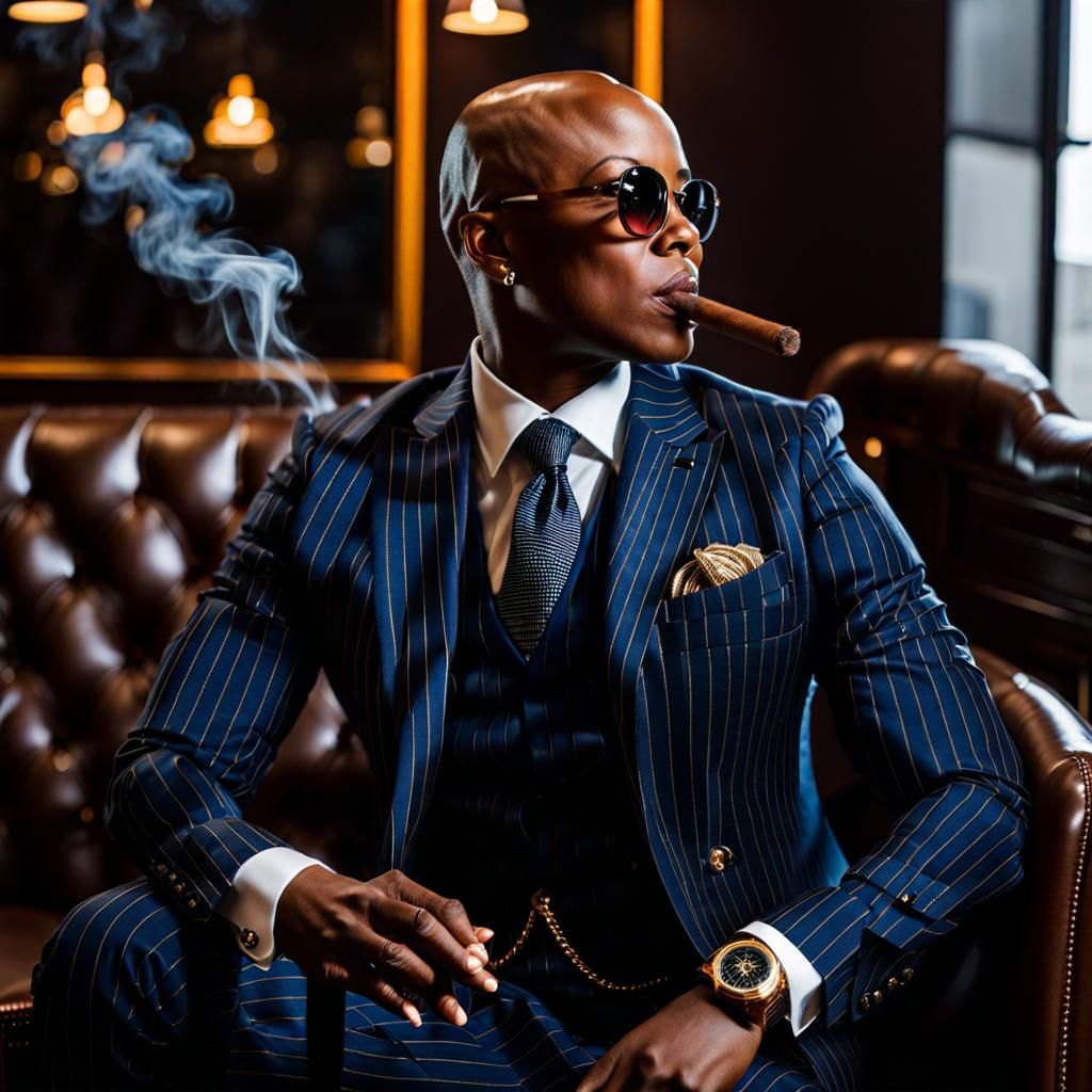 Bald Woman in Pinstripe Suit Smoking Cigar