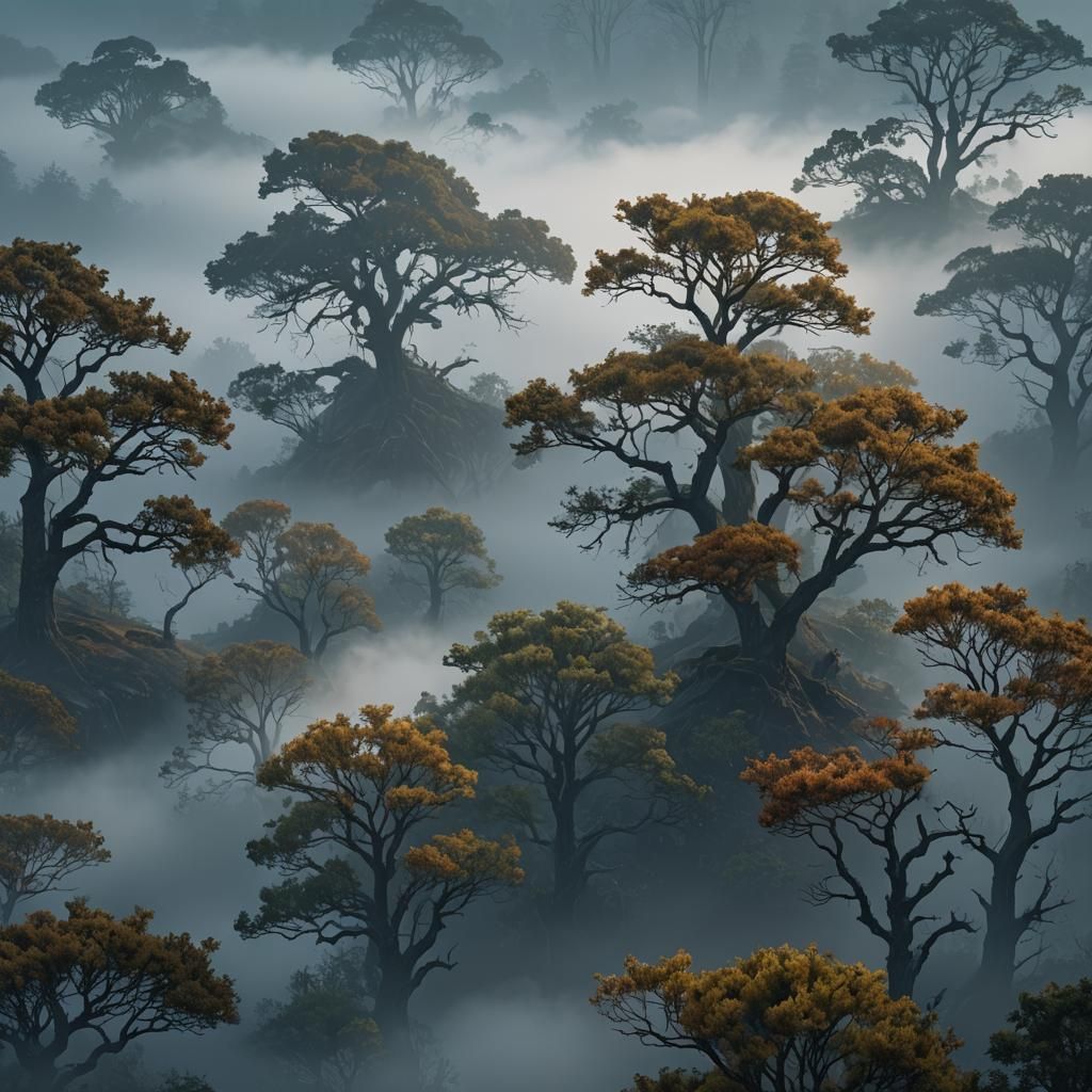 Moody Fog Shrouds a Fantasy Landscape