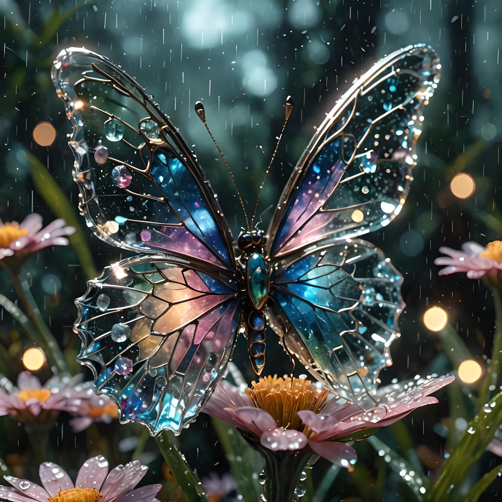 Crystal Butterfly on Enchanted Flower in Rainy Garden