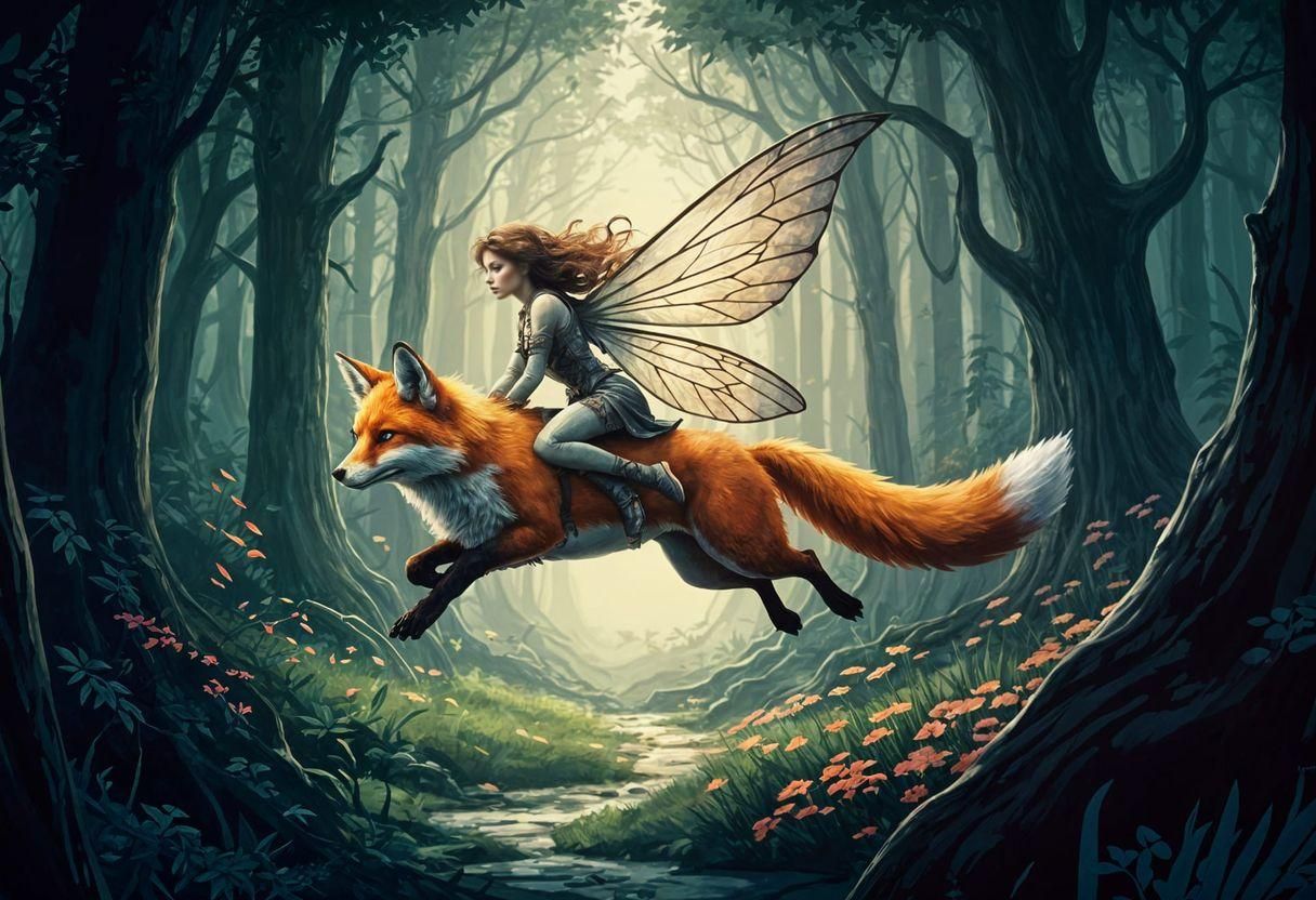 Fairy Riding Fox in Enchanted Forest, Watercolor Art