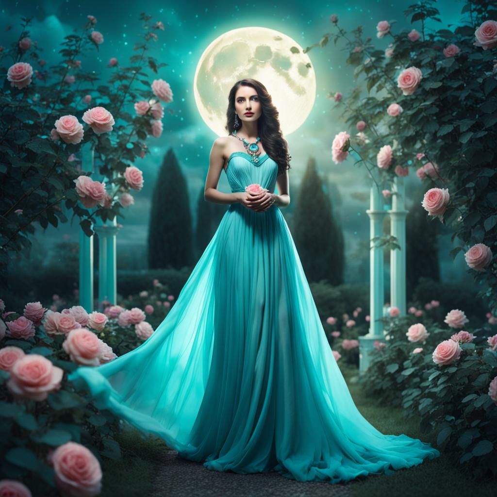 Ethereal Woman in Turquoise Gown in Rose Garden