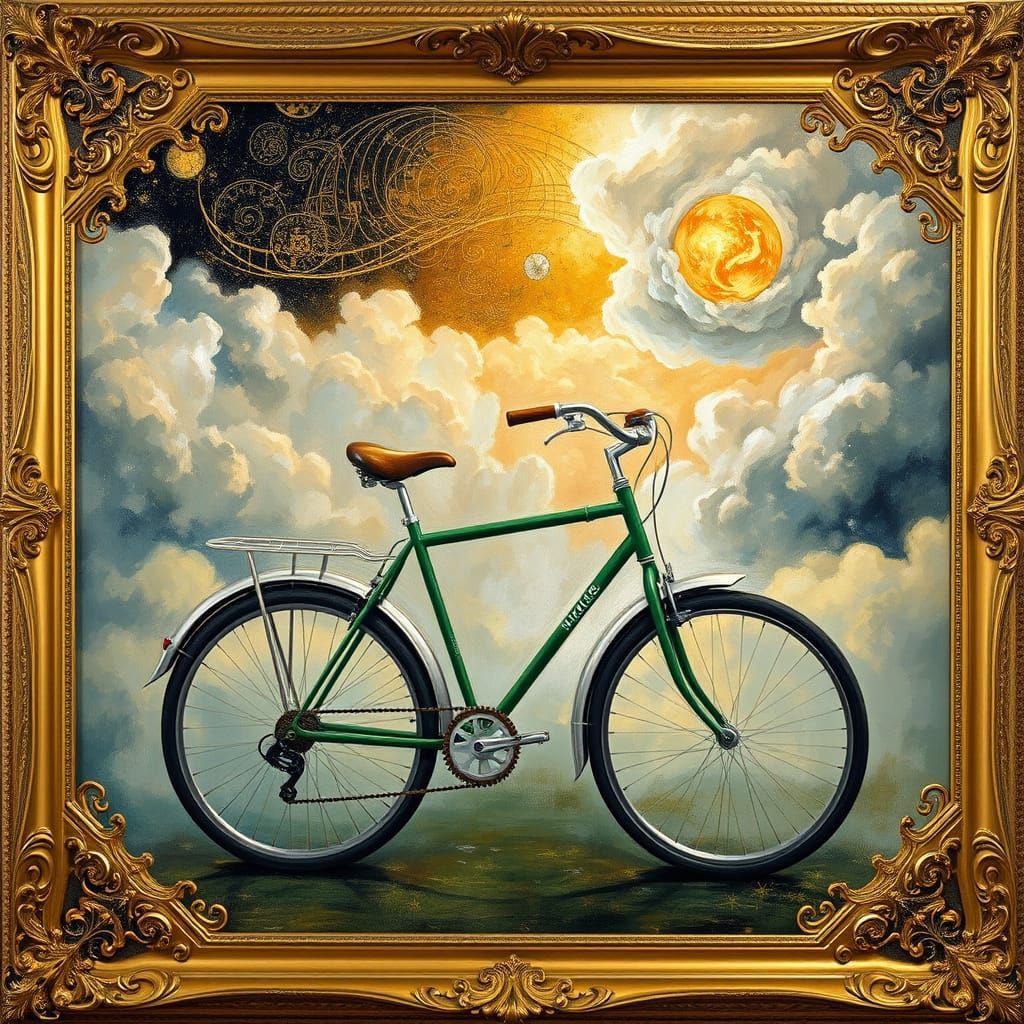 Golden Baroque Green Bike Masterpiece in Ornate Frame
