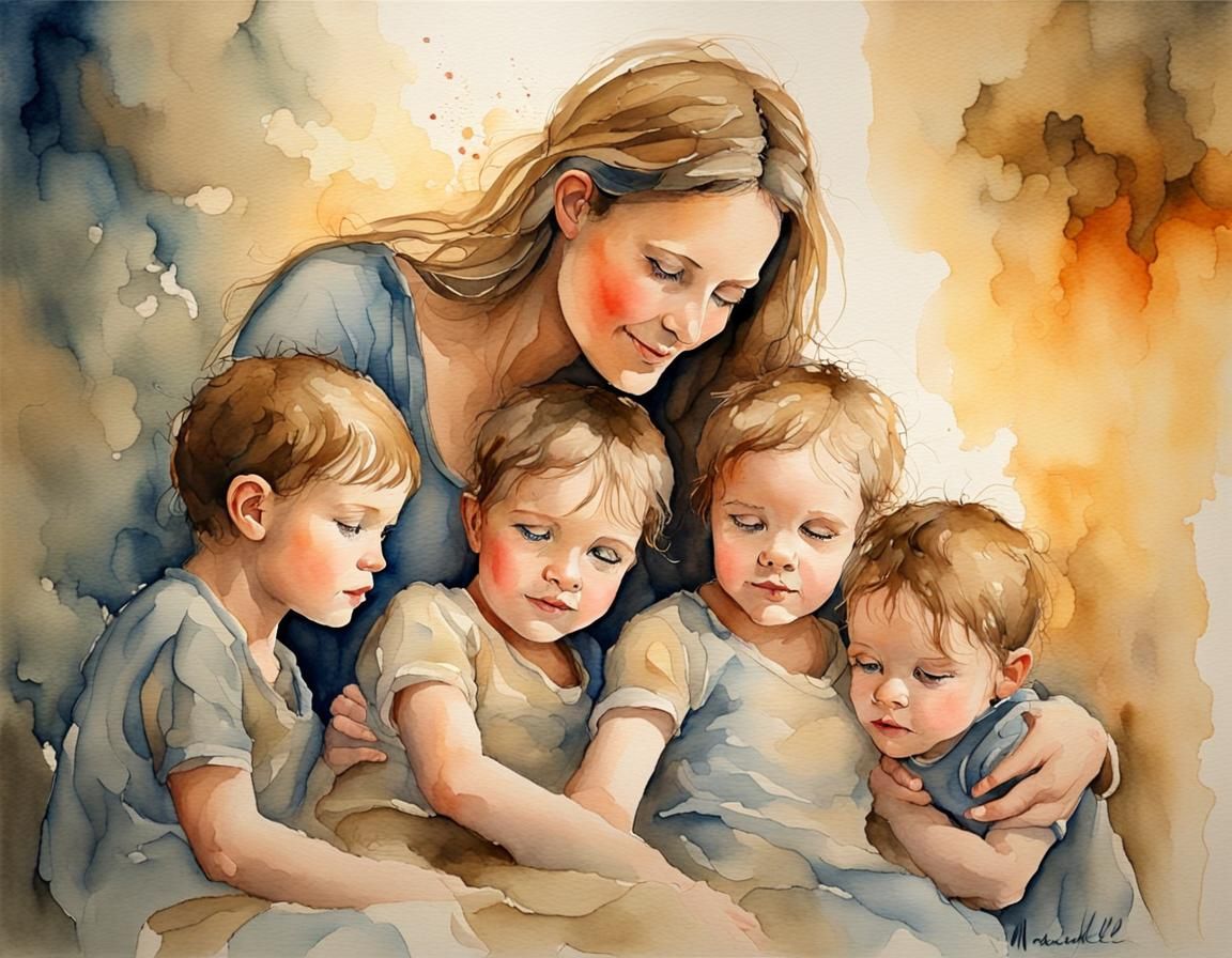Watercolor Mother and Children Impasto Painting