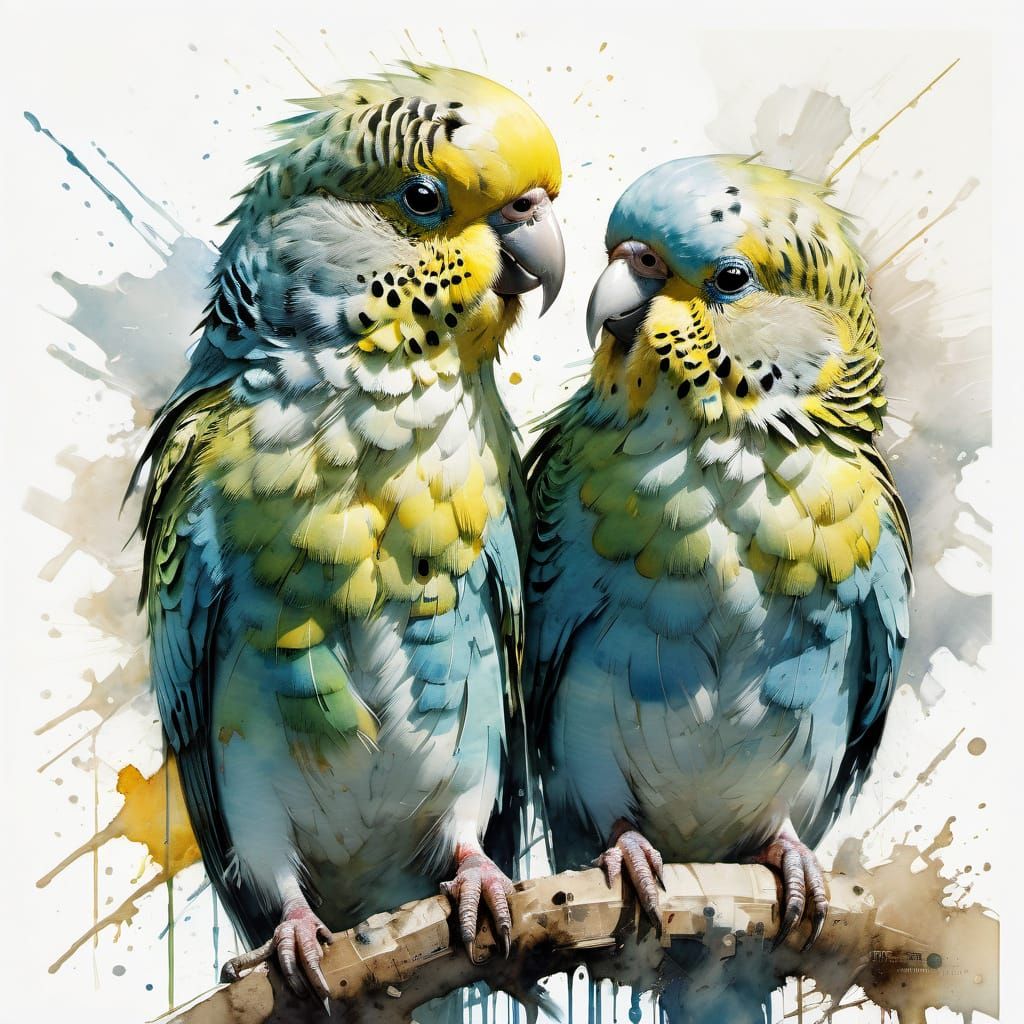 Pair of Budgerigars in Vibrant Watercolor