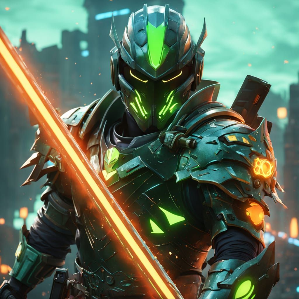 Video Game Warrior in Neon Armor, Anime Style