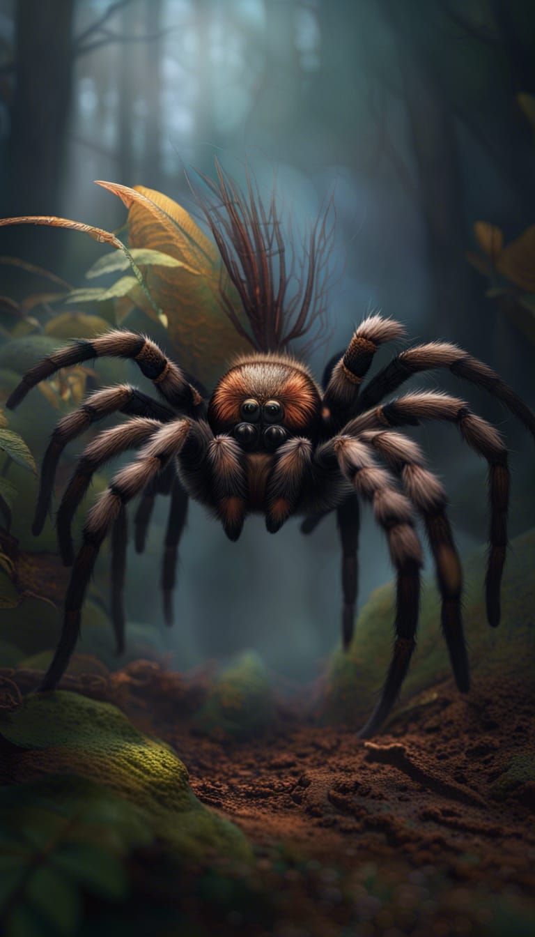 Tarantula on Feather in Misty Woods: Hyperrealistic Splash A...