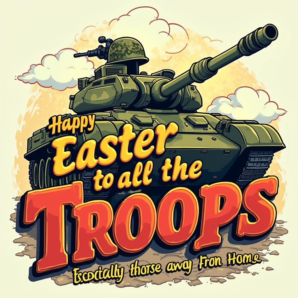 Happy Easter to Troops in Gritty Cartoon Style