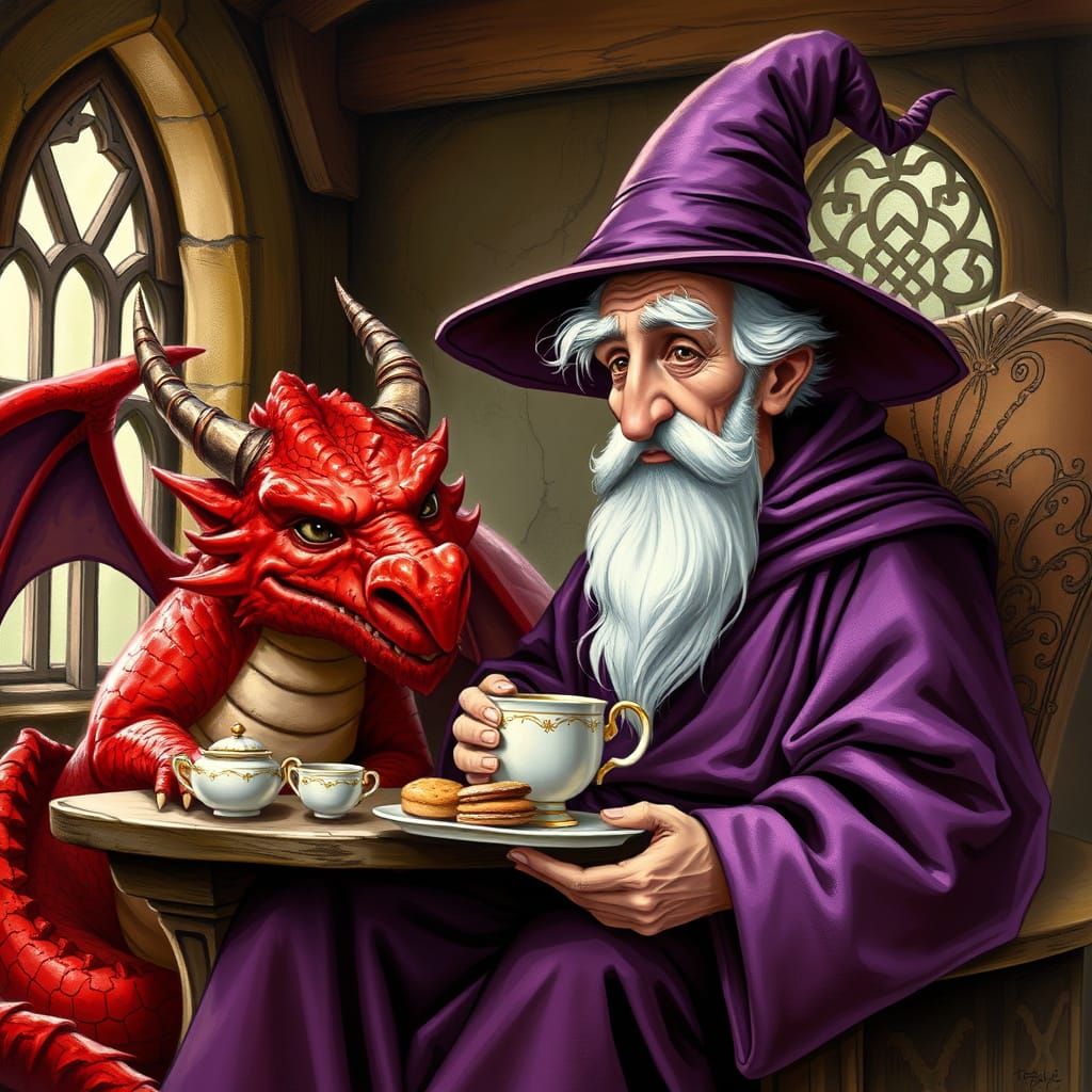 Wizard and Dragon Tea Party, Whimsical Fantasy Art