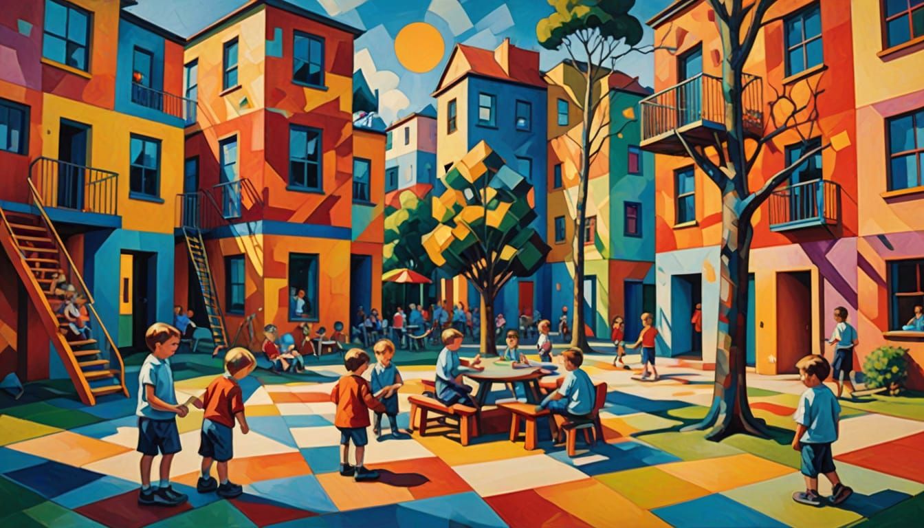 Cubist Playground Scene in Geometric Fauvism Style