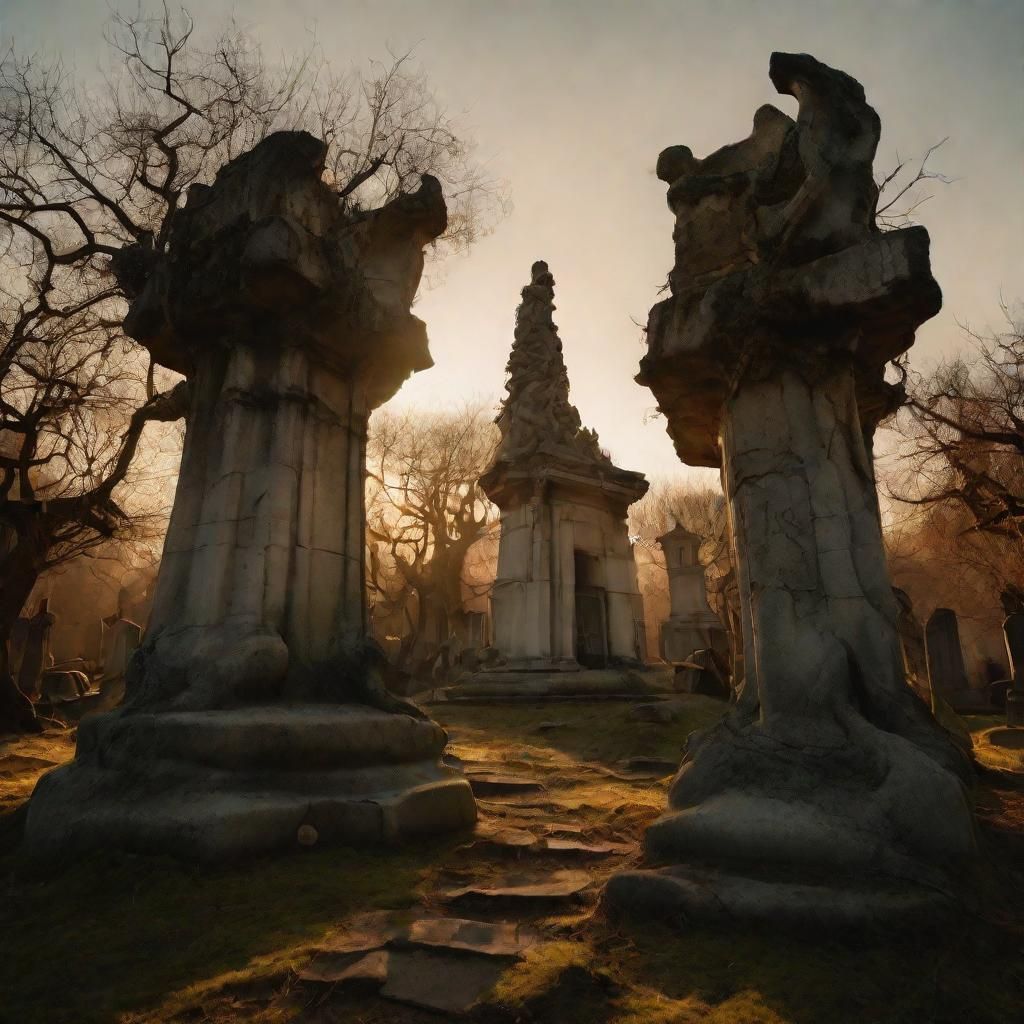 Surreal Graveyard with Crumbling Mausoleums in Golden Light