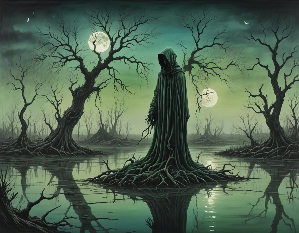 Eerie Hooded Figure Floating Above Misty Marsh