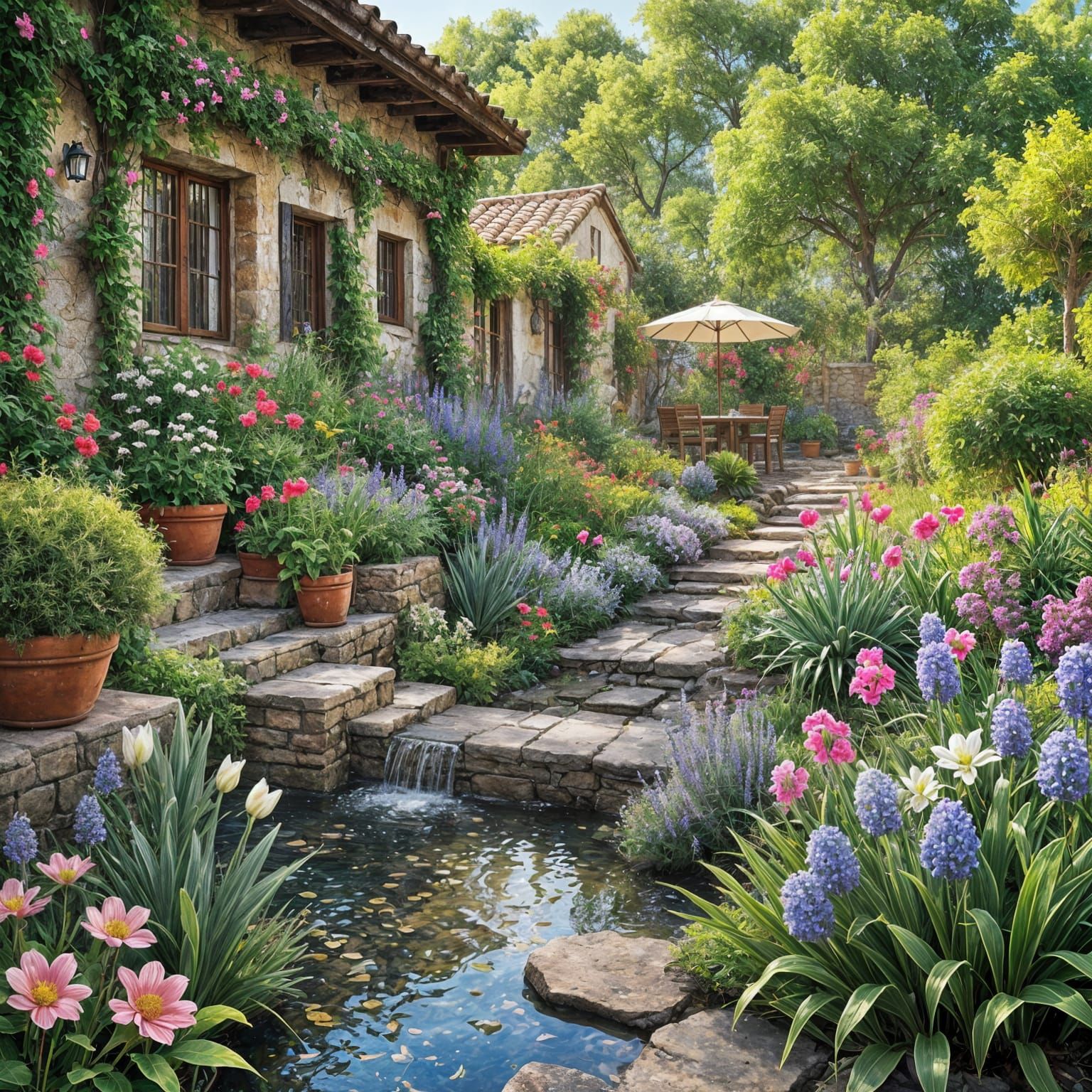 Intricate Ancient House With Flowers and Water
