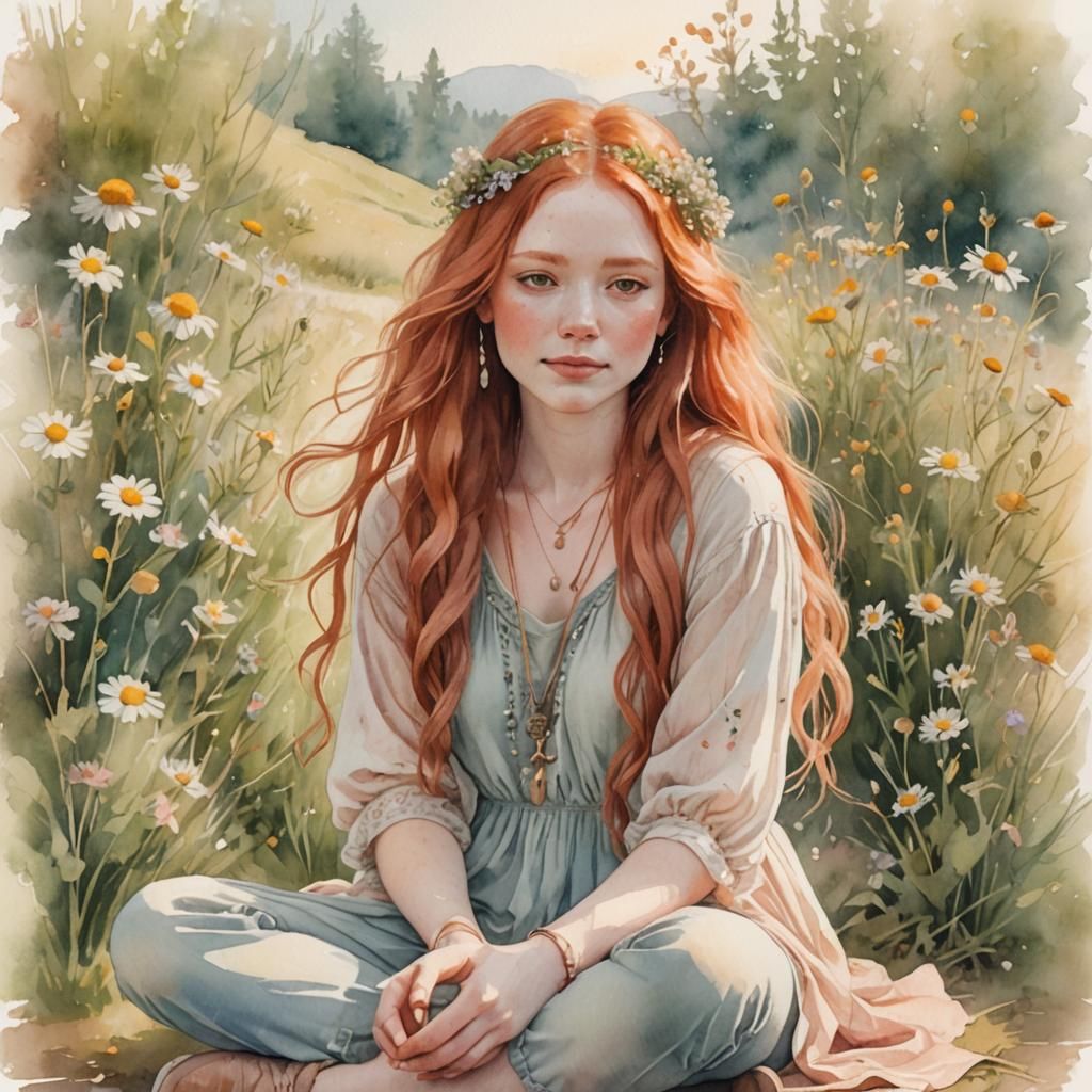 Bohemian Girl with Wildflowers in Pencil Crayon Illustration