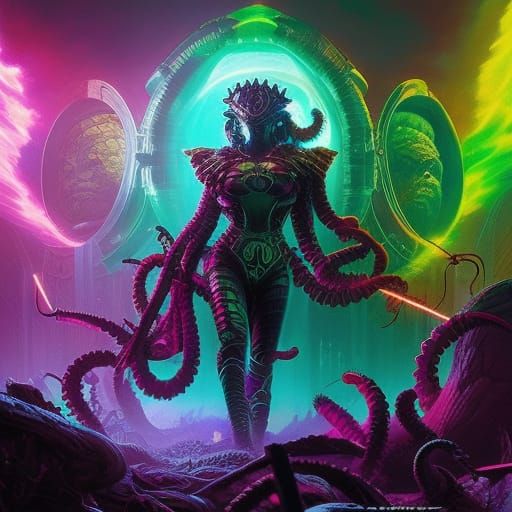 Aetherpunk Alien Hive Queen Gladiator in Vivid Neons
