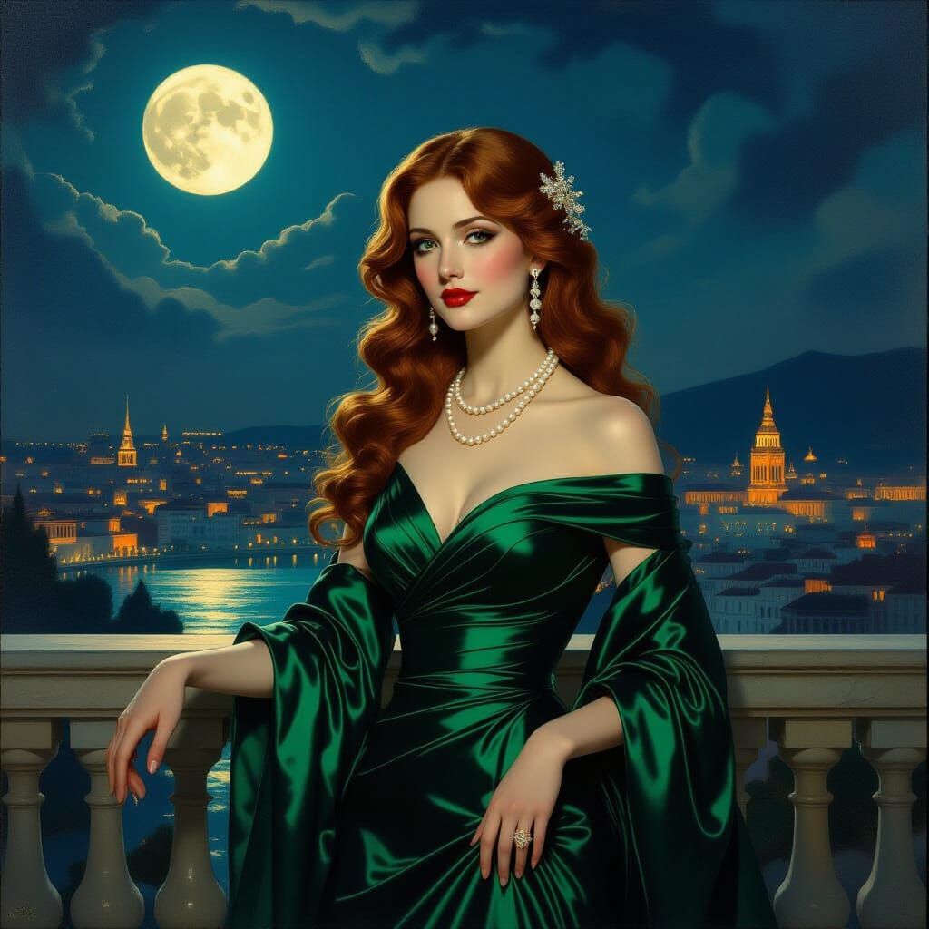 Regal Woman in Emerald Gown on Moonlit Balcony