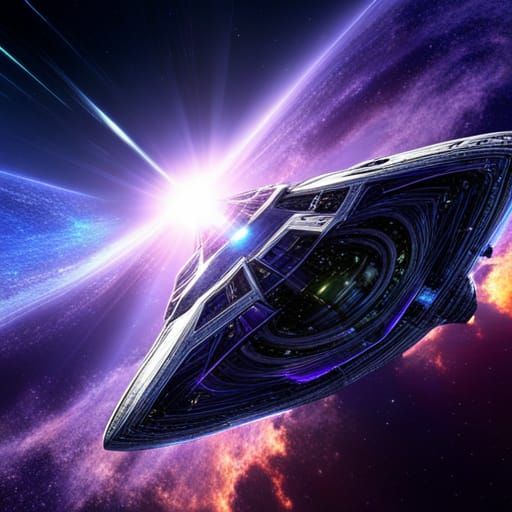 Futuristic Silver Spaceship Flying Through Nebula