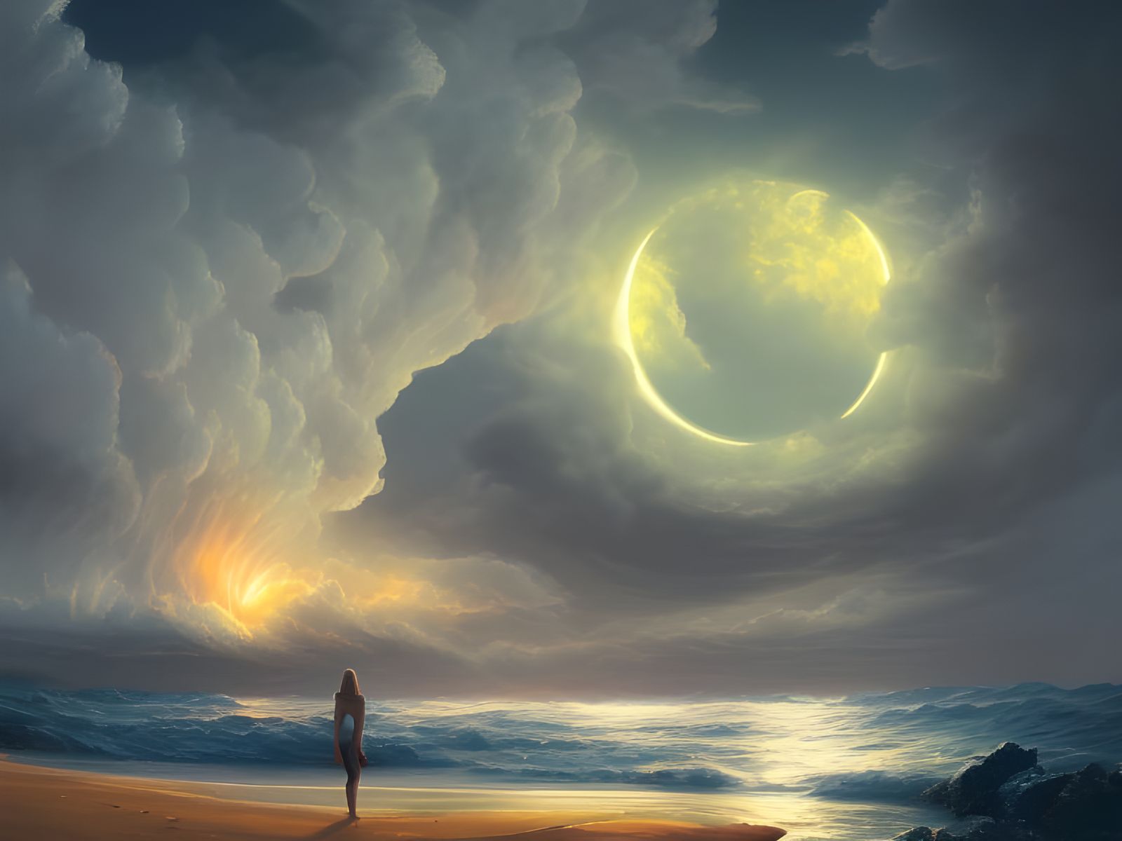 Glowing Seashore Under a Massive Moon