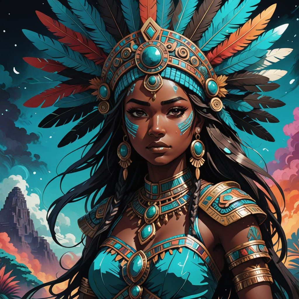 Majestic Aztec Princess in Vibrant, Mystical Cel-Shaded Styl...