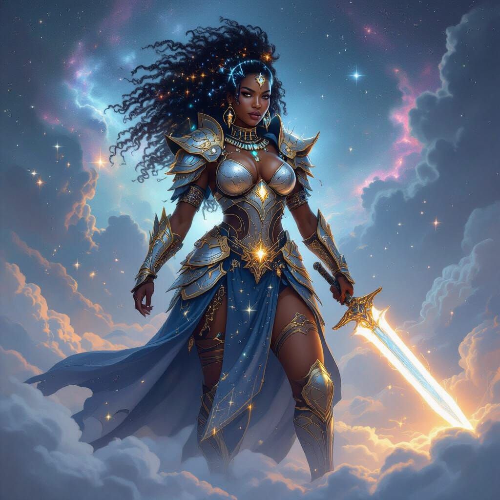 Celestial Afro-Latina Warrior with Sword of Light