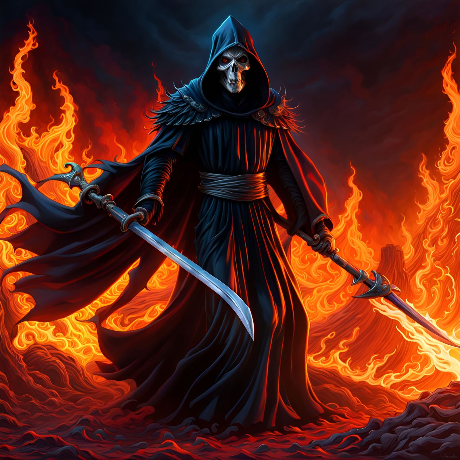 Grim Reaper in Flames: Hyperrealistic Digital Art