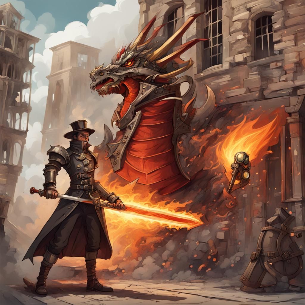 Dragon Knight Slices Building with Fire Sword