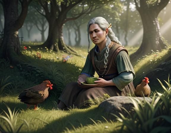 Hobbit Woman Surrounded by Hens: 3D Game Cinematic