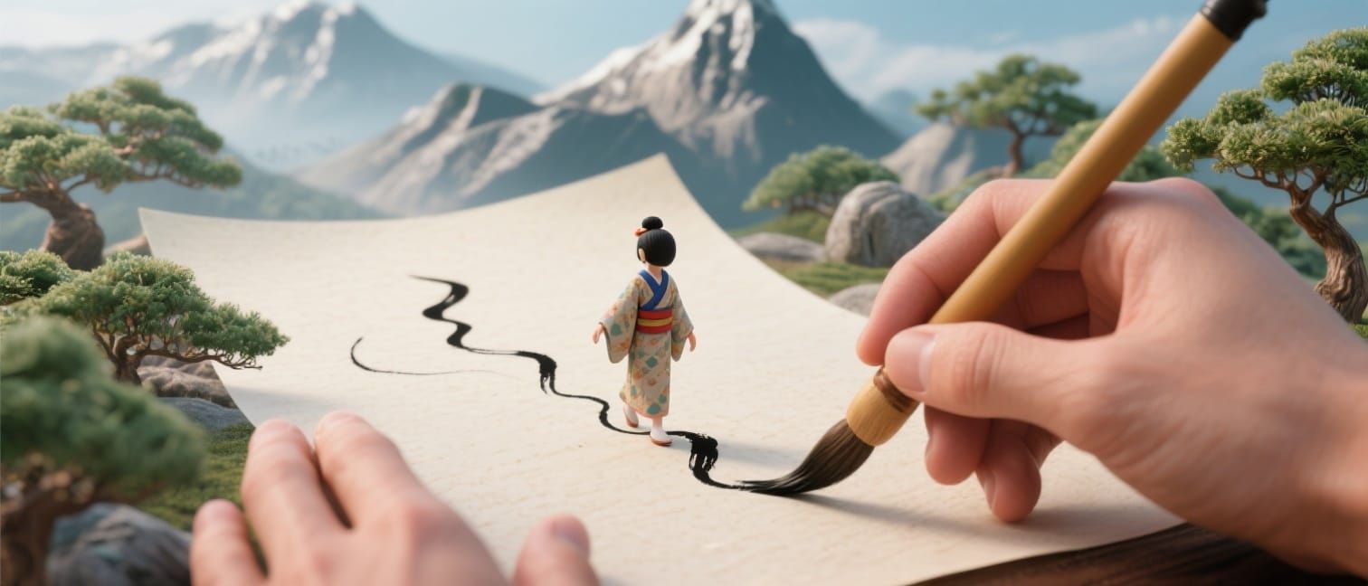 Surreal Calligraphy: Miniature Figure Emerges from Ink