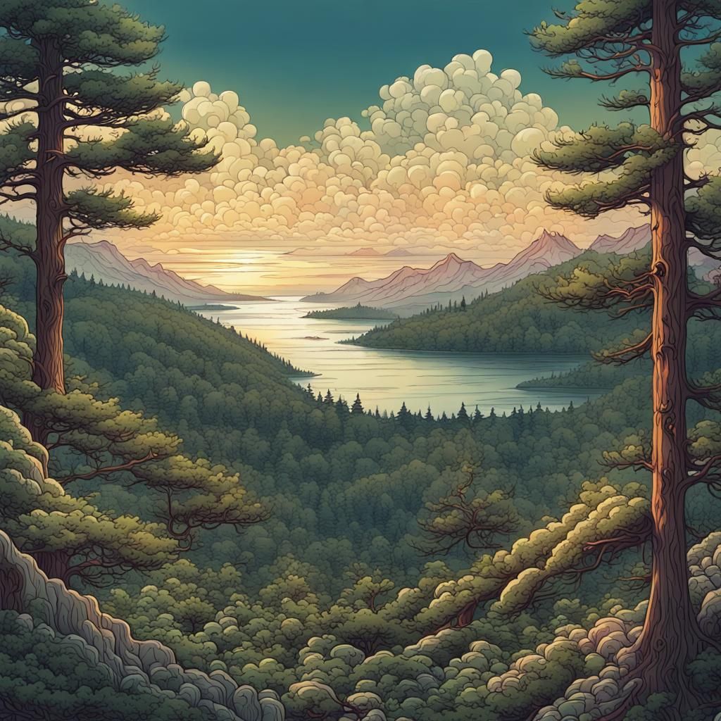 Pine Forest Lake at Dawn: Retro D&D Illustration