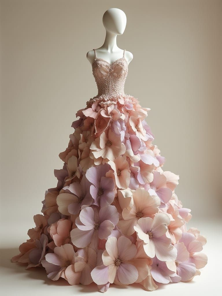 Ethereal Couture Gown of Flower Petals on Mannequin
