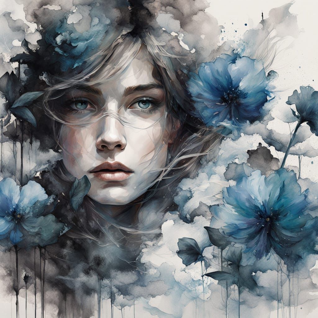 Melancholy Woman with Flowers in Gouache Watercolor Style