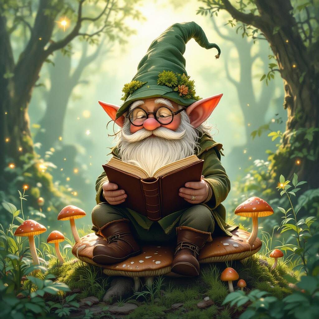 Gnome Reading Book in Mystical Forest Clearing