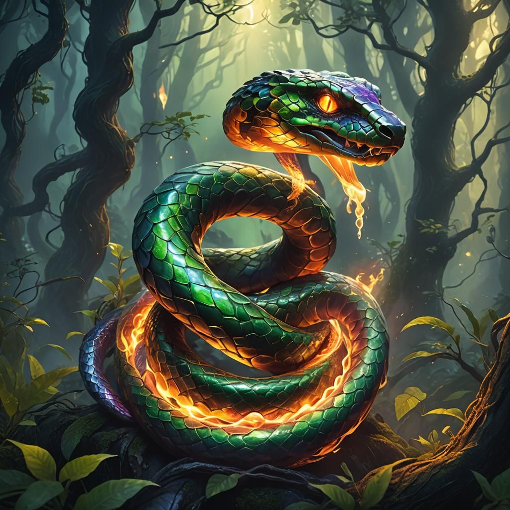 Fire Snake Coiling Around Crystal in Mystic Forest