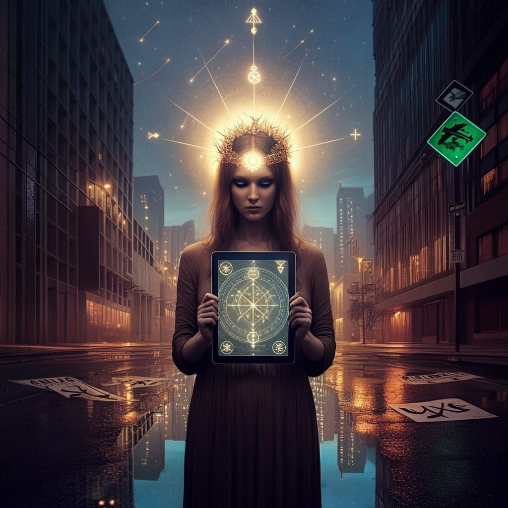 Mystical Woman with Tablet in Art Deco Cityscape