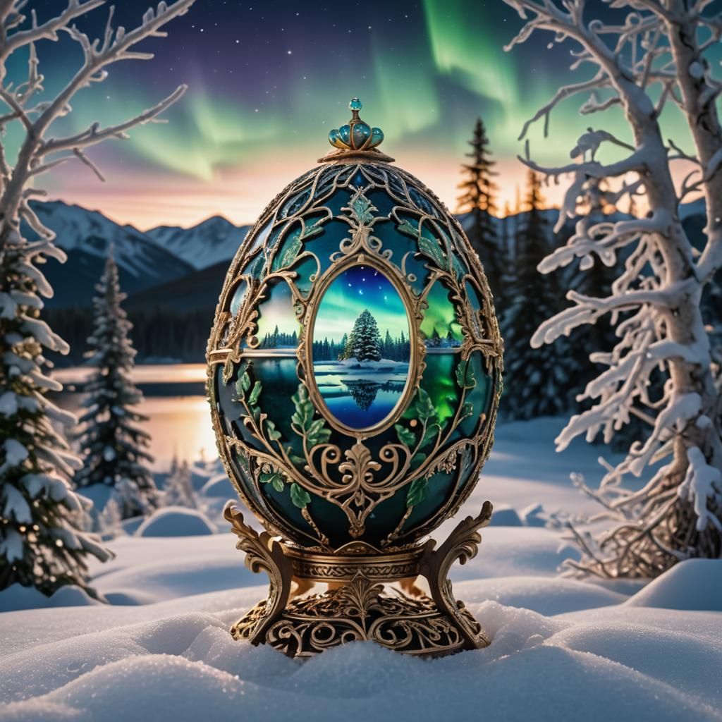 Rococo Faberge Egg on Frozen Lake Under Aurora