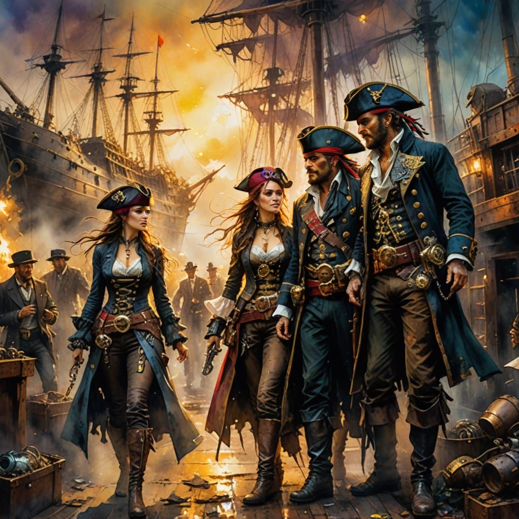 Steampunk Pirate Crew Sharing Treasure in Watercolour Style