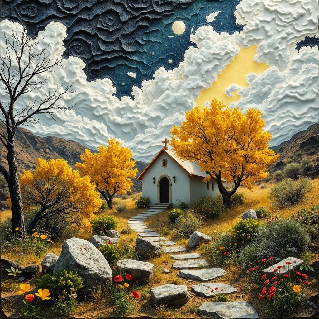 Adobe Chapel in Autumn Valley: Art Nouveau Painting