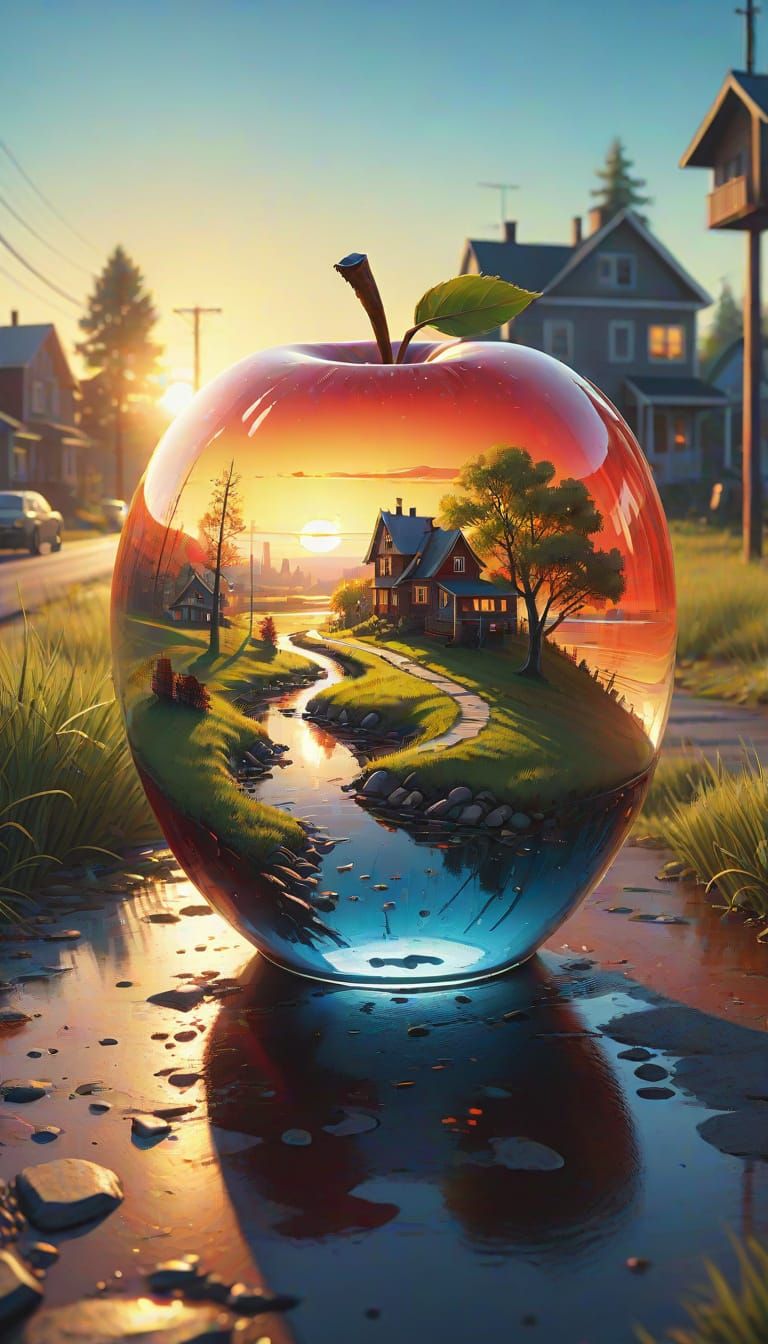Surreal Glass Apple Landscape in Sunset Hues