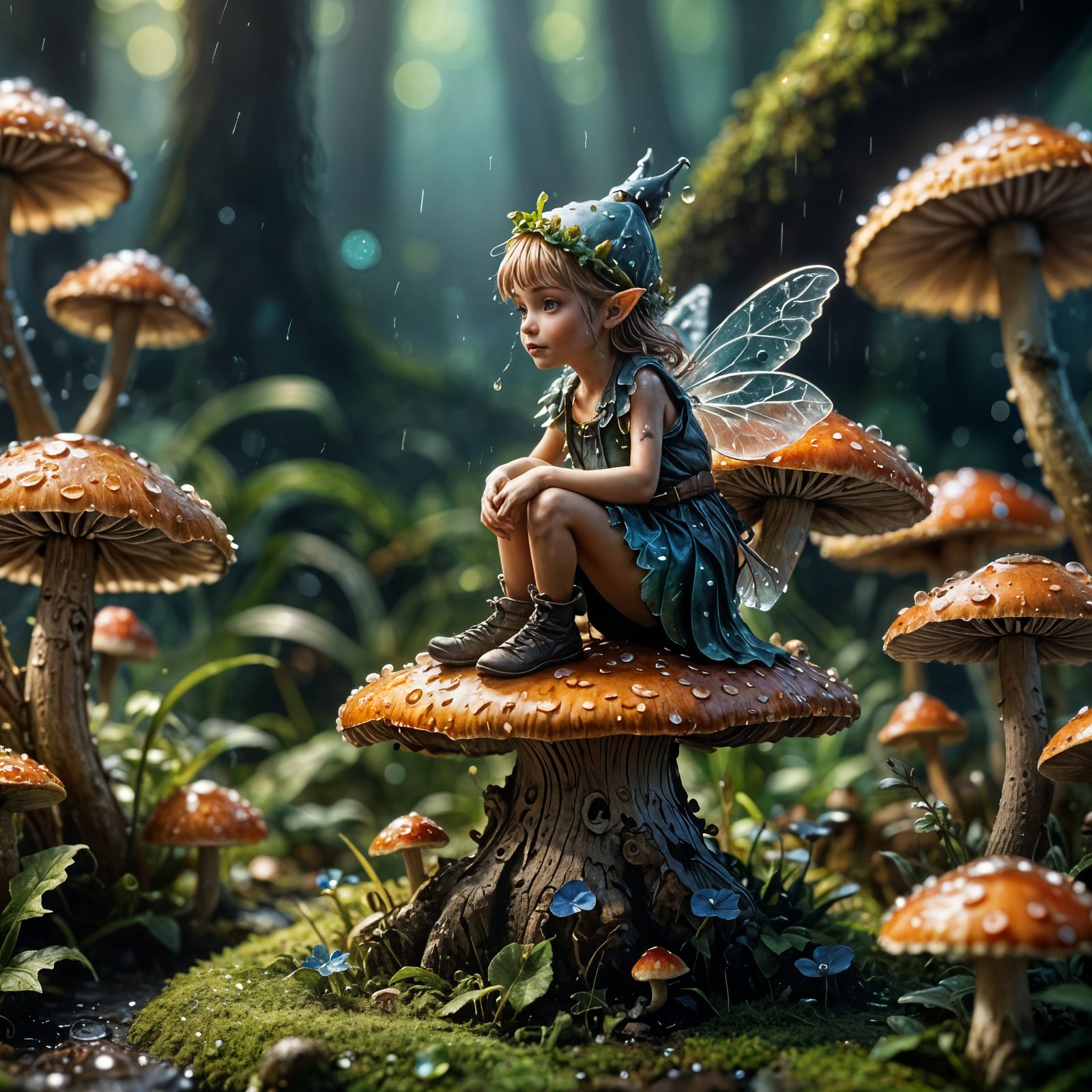 Fairy on Mushroom: Macro Photography in Detailed Matte Style