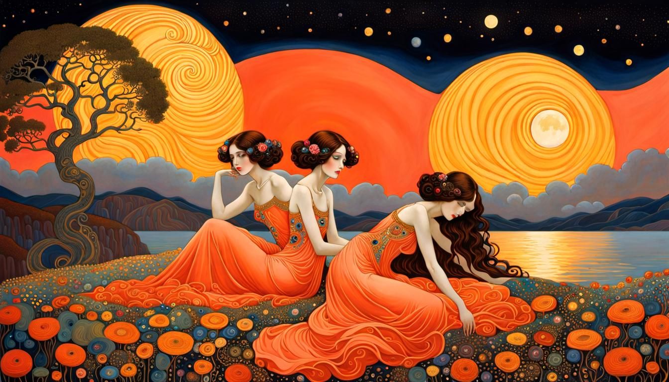 Twins Under Coral Moon in Art Nouveau Style