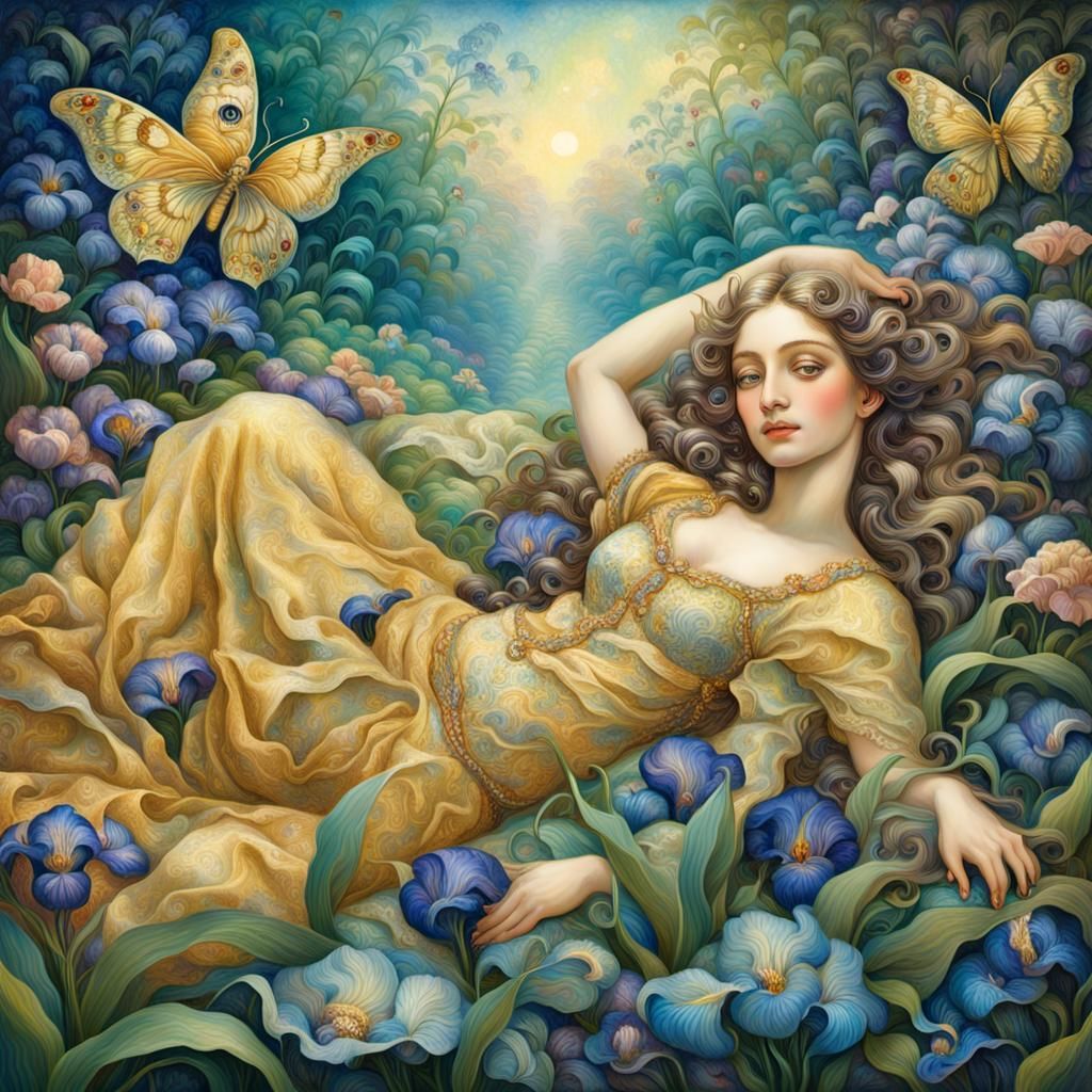 Goddess in Floral Landscape, Neo-Impressionist Painting