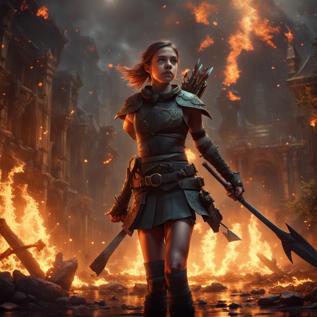 Girl Wielding Sword Against Monsters in Fiery Landscape
