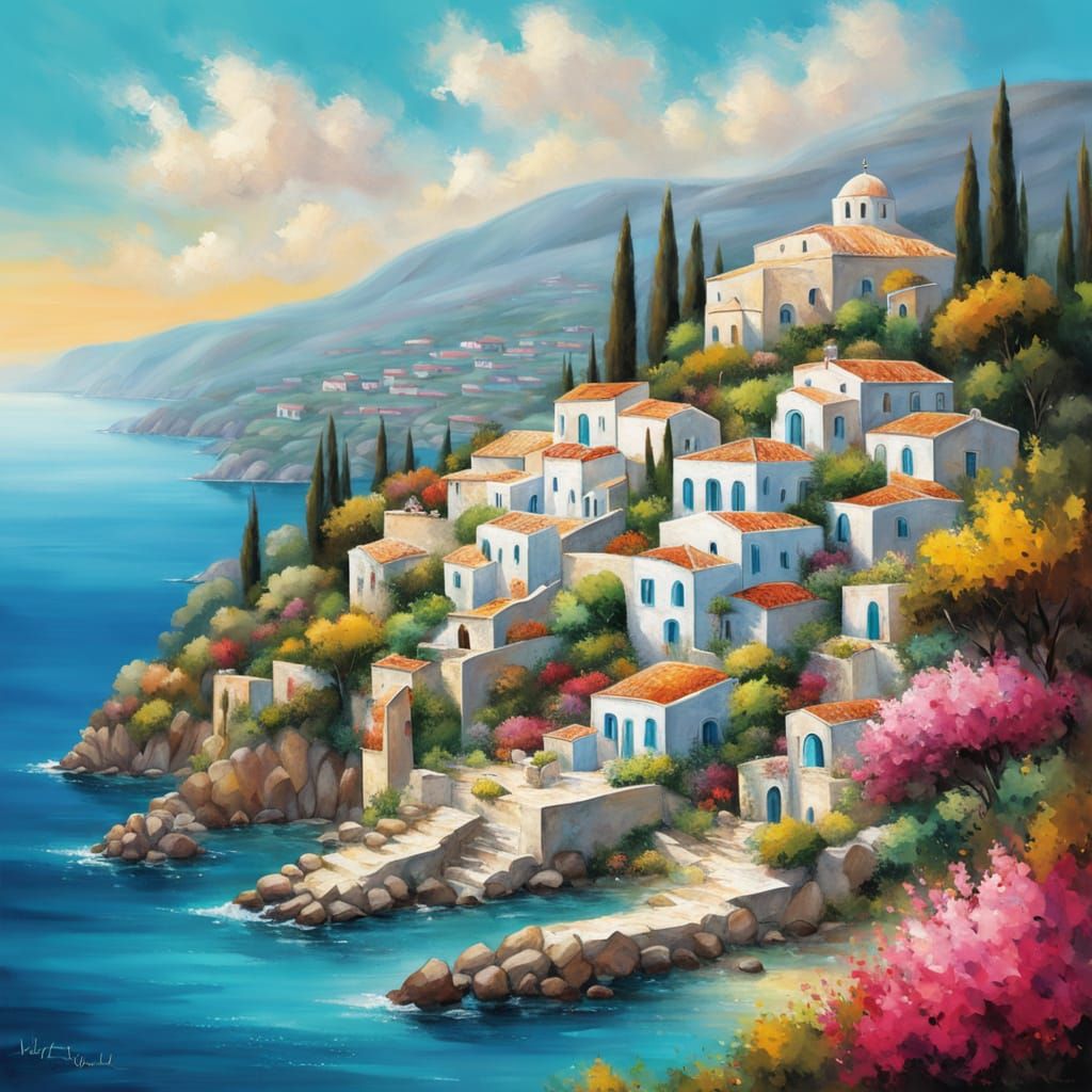 Idyllic Greek Village Overlooking Turquoise Sea