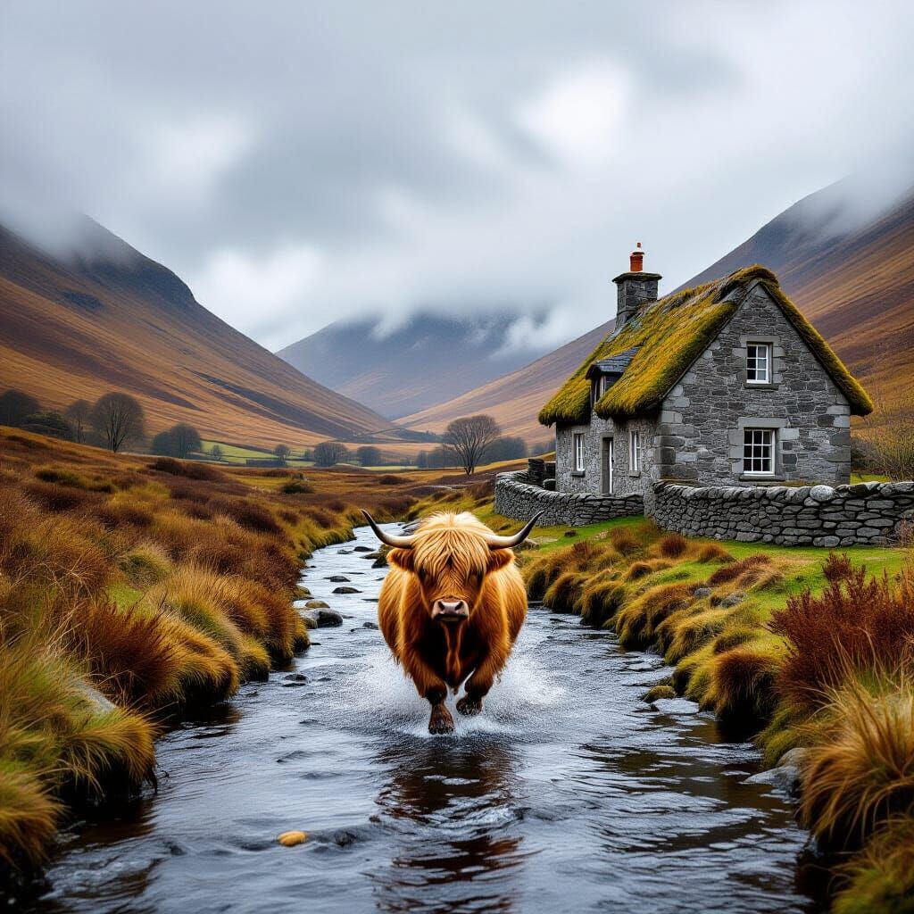 Highland Cow in Scottish Glen: Rustic Landscape