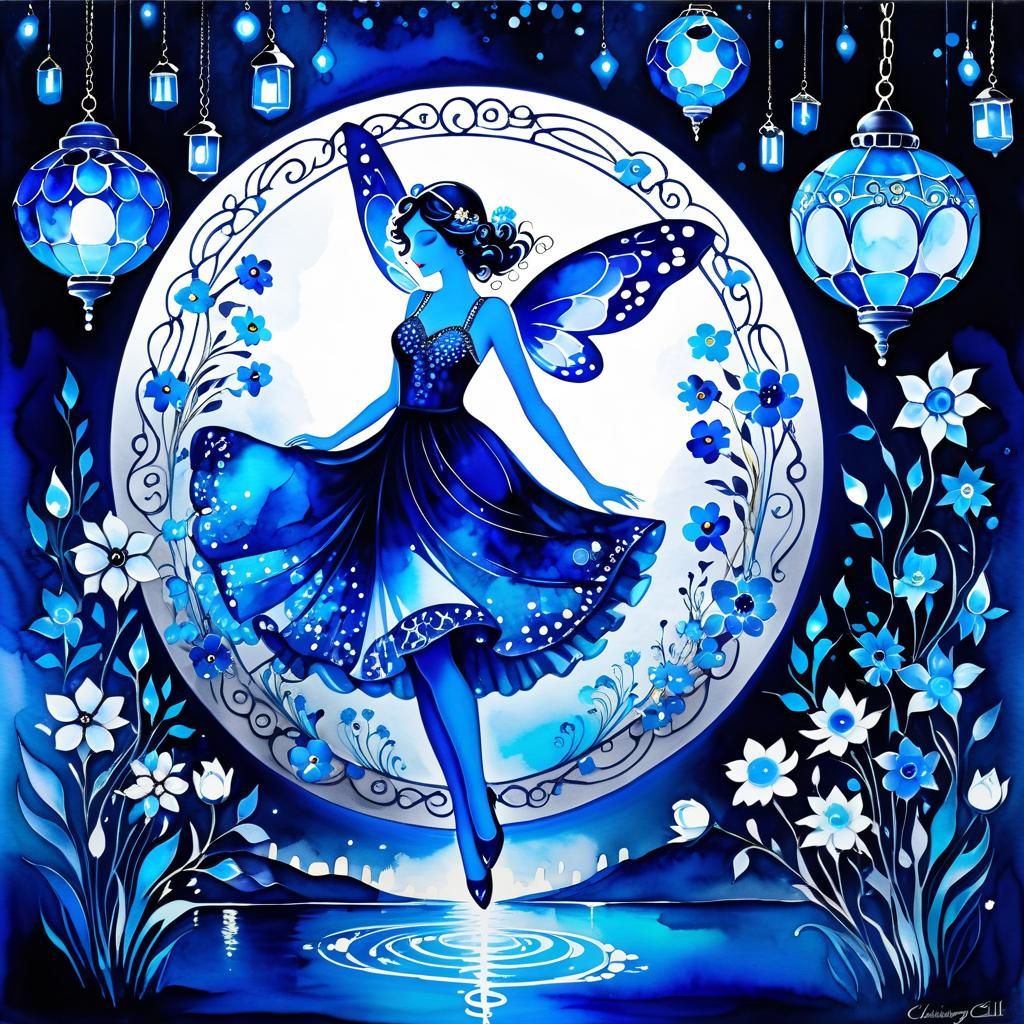 Blue Flower Glade on Parchment in Watercolor Style