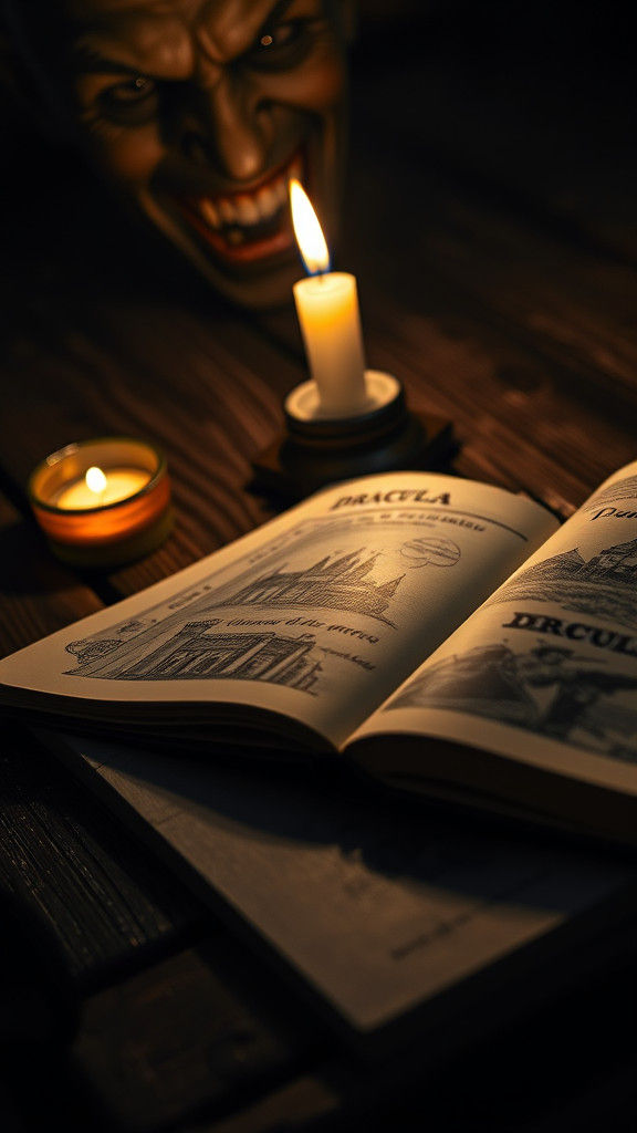 Dracula Novel Close-Up with Shadowy Figure
