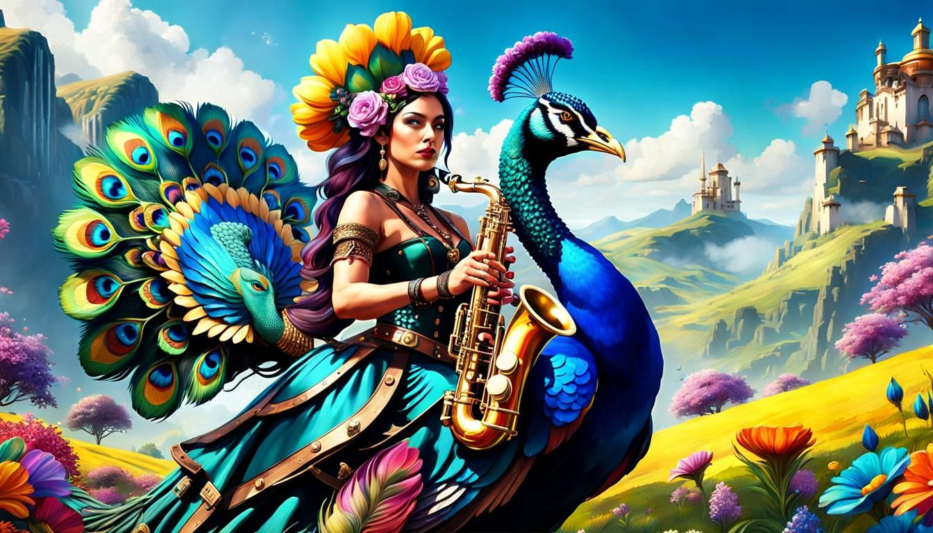 Gypsy Woman Rides Peacock in Steampunk Landscape