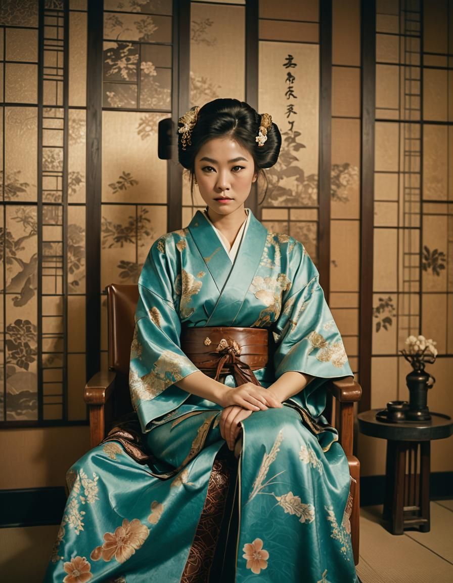 Japanese Kimono Woman in Leather Chair, Cinematic Style