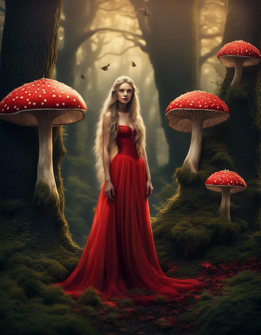 Beautiful Fairy with Fly Agaric in Forest