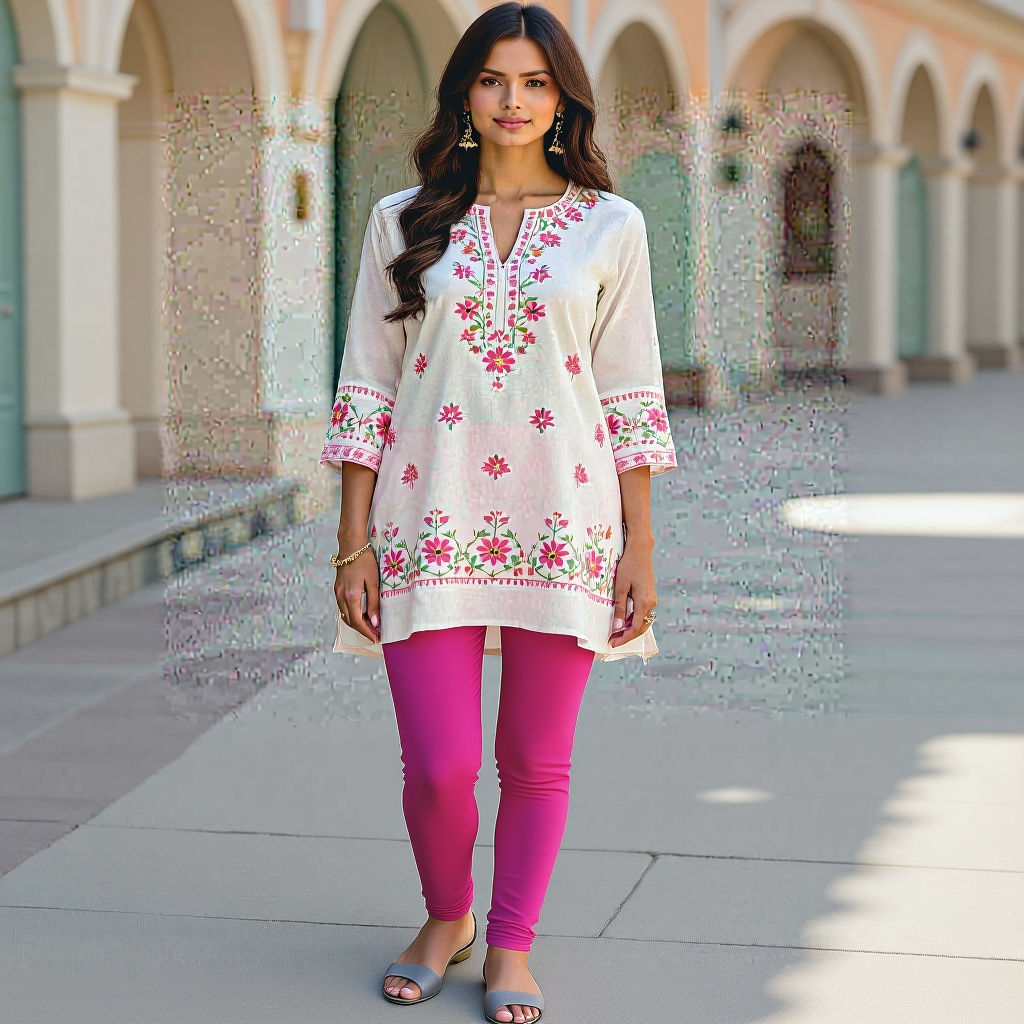 White Kurti with Pink Floral Design: Indian Fashion Style