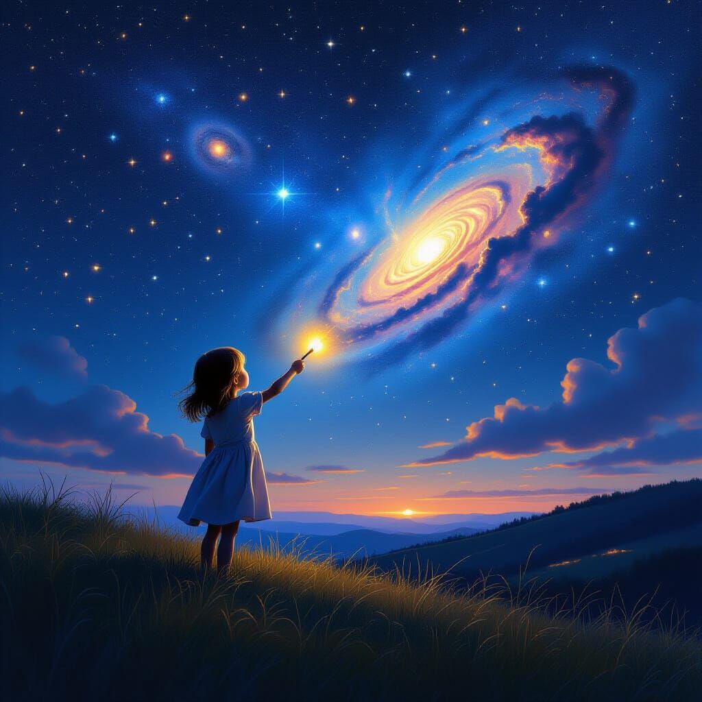 Girl Paints the Night Sky with Magic Brush